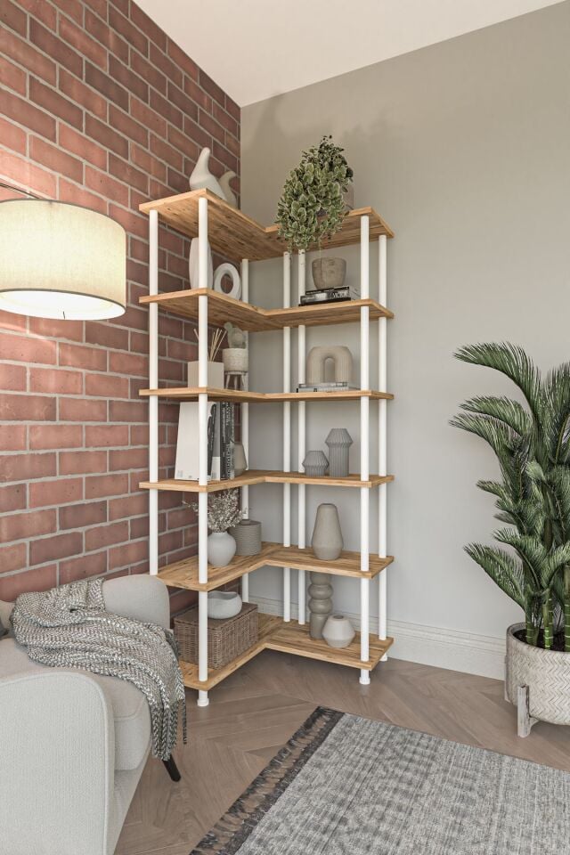 Mobitopya Çevir Köşe Kitaplık | Modern Çok Amaçlı Dekoratif Raf Ünitesi 71×74×177 Cm Atlantik Çam - Beyaz Demir