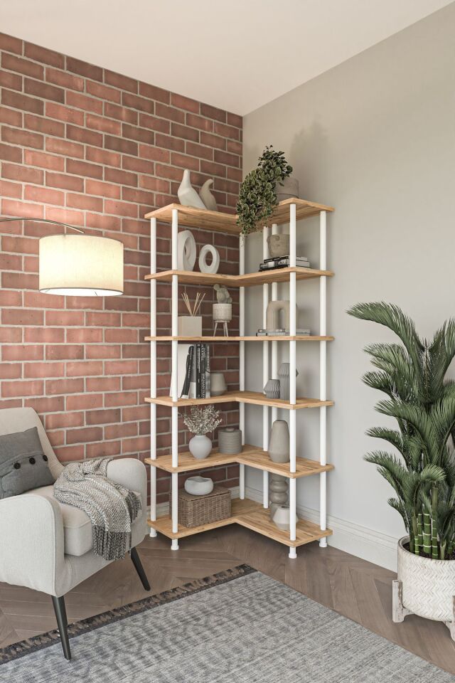 Mobitopya Çevir Köşe Kitaplık | Modern Çok Amaçlı Dekoratif Raf Ünitesi 71×74×177 Cm Atlantik Çam - Beyaz Demir