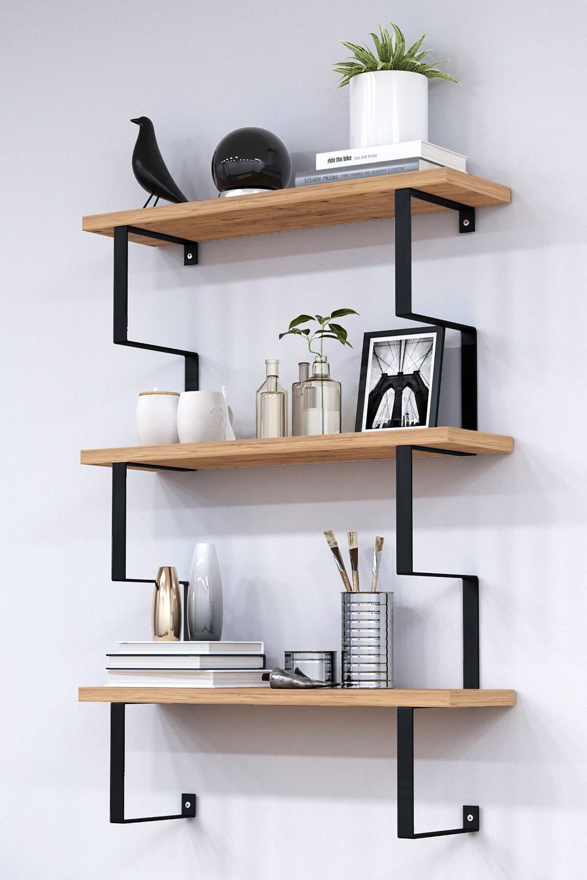 3 Katlı Metal Ayaklı Duvar Rafı | Kitaplık, Saksılık ve Dekoratif Raf 60x70x15 cm Atlantik Çam