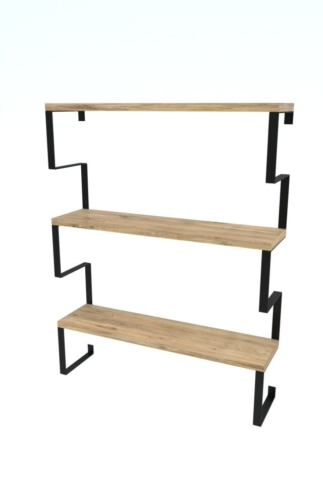 3 Katlı Metal Ayaklı Duvar Rafı | Kitaplık, Saksılık ve Dekoratif Raf 60x70x15 cm Atlantik Çam