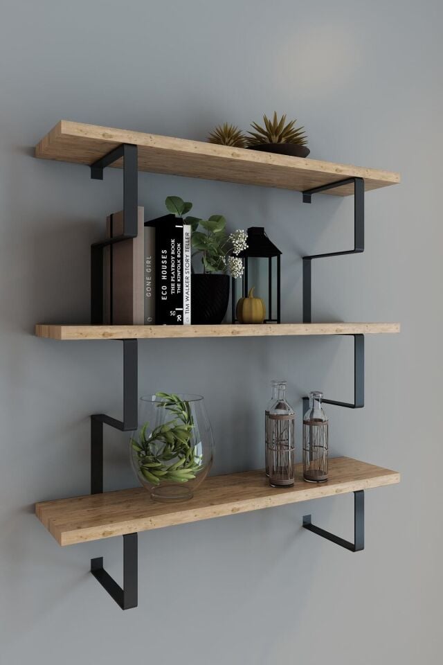 3 Katlı Metal Ayaklı Duvar Rafı | Kitaplık, Saksılık ve Dekoratif Raf 60x70x15 cm Atlantik Çam