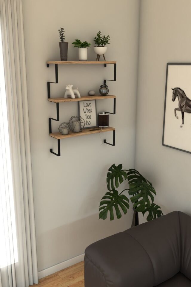 3 Katlı Metal Ayaklı Duvar Rafı | Kitaplık, Saksılık ve Dekoratif Raf 60x70x15 cm Atlantik Çam