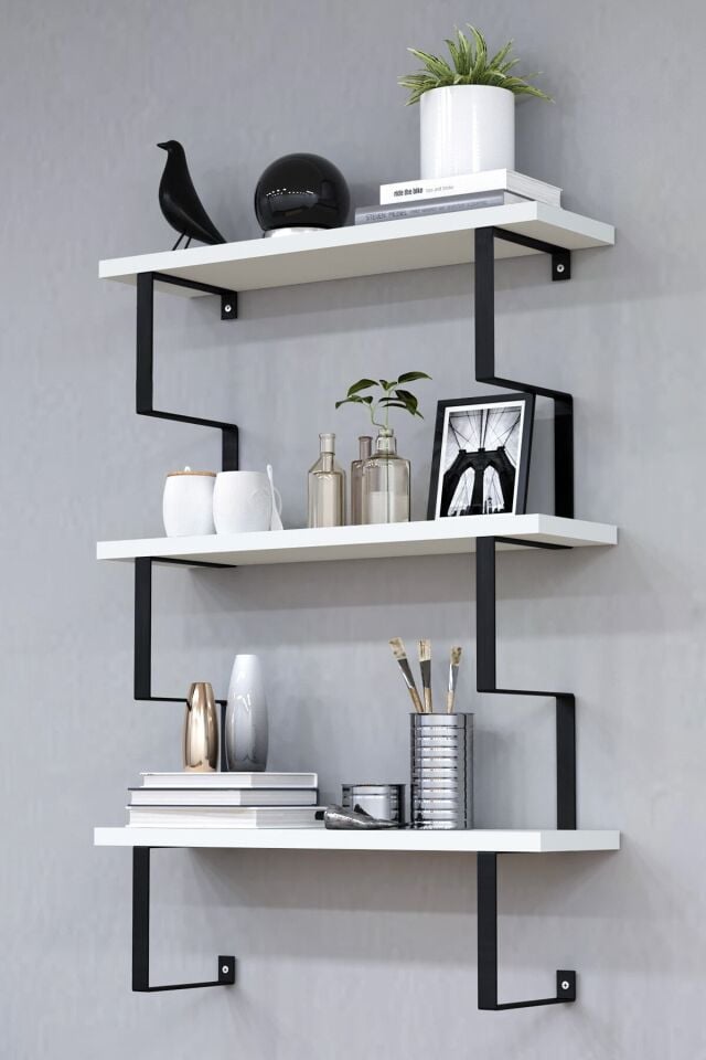 3 Katlı Metal Ayaklı Duvar Rafı | Kitaplık, Saksılık ve Dekoratif Raf 60x70x15 cm Beyaz
