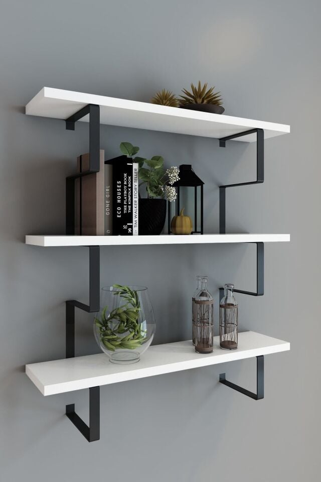 3 Katlı Metal Ayaklı Duvar Rafı | Kitaplık, Saksılık ve Dekoratif Raf 60x70x15 cm Beyaz