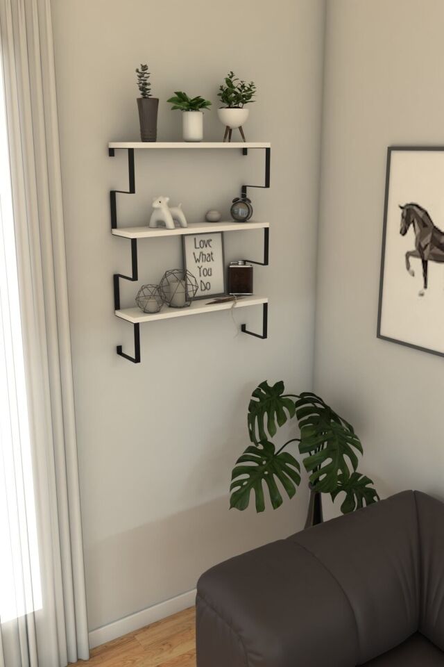 3 Katlı Metal Ayaklı Duvar Rafı | Kitaplık, Saksılık ve Dekoratif Raf 60x70x15 cm Beyaz