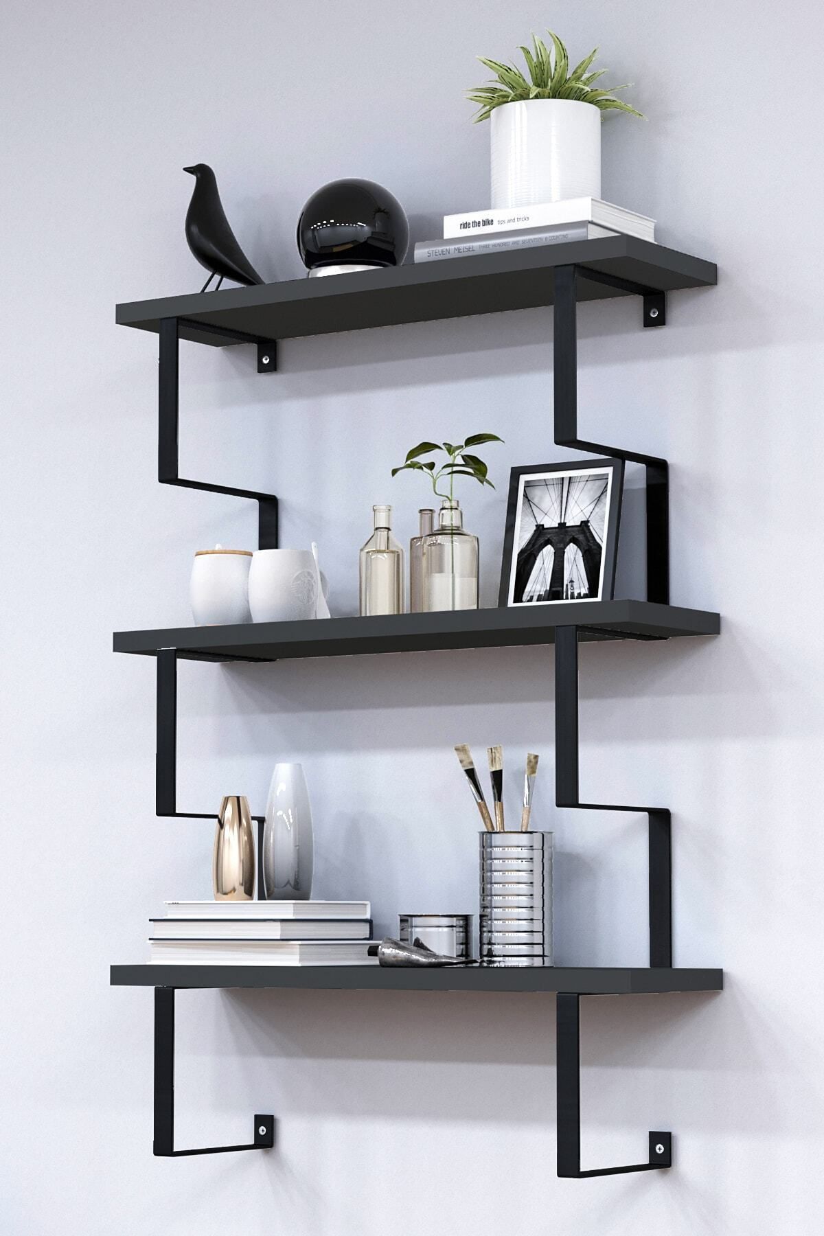 3 Katlı Metal Ayaklı Duvar Rafı | Kitaplık, Saksılık ve Dekoratif Raf 60x70x15 cm Antrasit