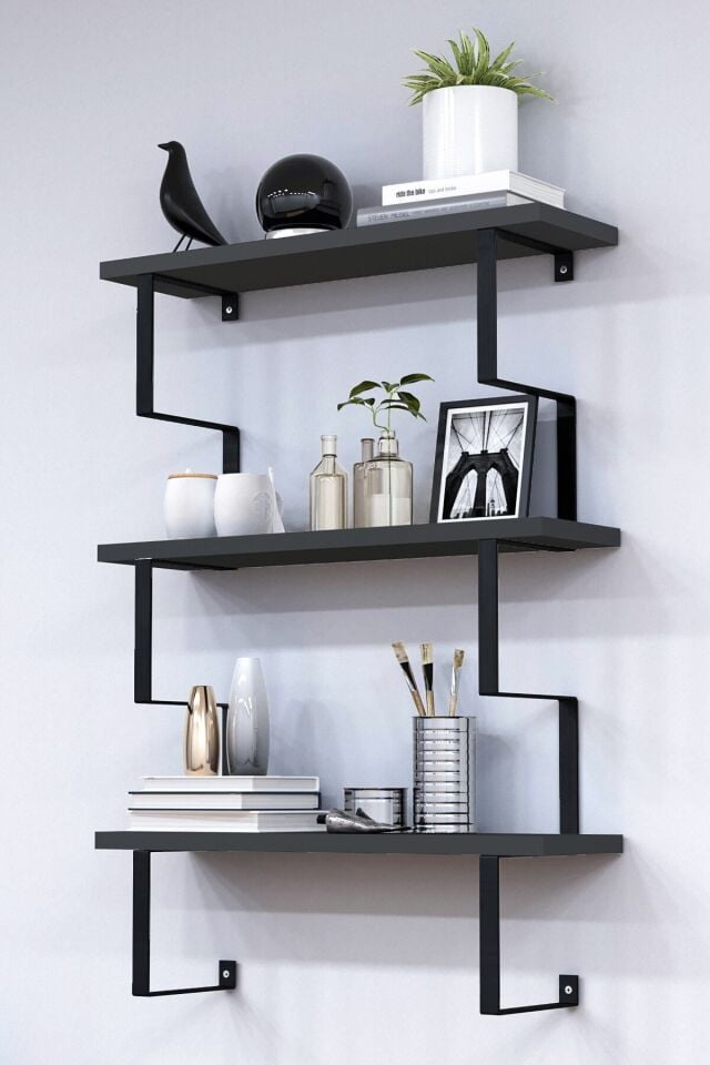 3 Katlı Metal Ayaklı Duvar Rafı | Kitaplık, Saksılık ve Dekoratif Raf 60x70x15 cm Antrasit