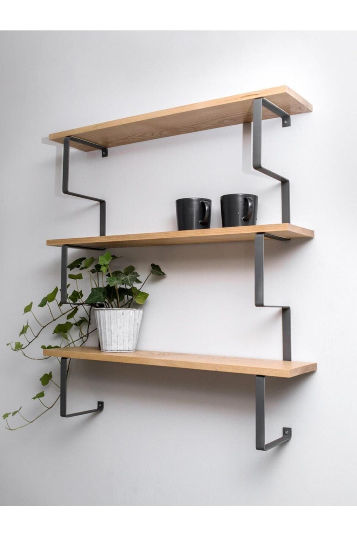 Mobitopya 3 Katlı Metal Ayaklı Duvar Rafı | Kitaplık, Saksılık ve Dekoratif Raf 60x70x15 cm Ahşap