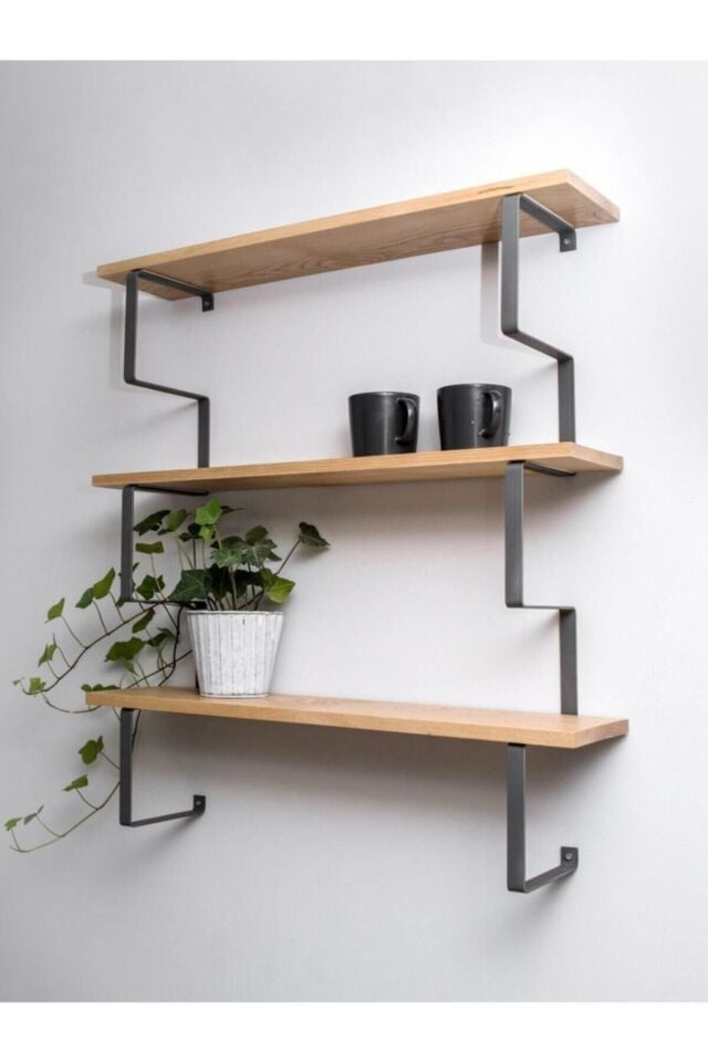 Mobitopya 3 Katlı Metal Ayaklı Duvar Rafı | Kitaplık, Saksılık ve Dekoratif Raf 60x70x15 cm Ahşap