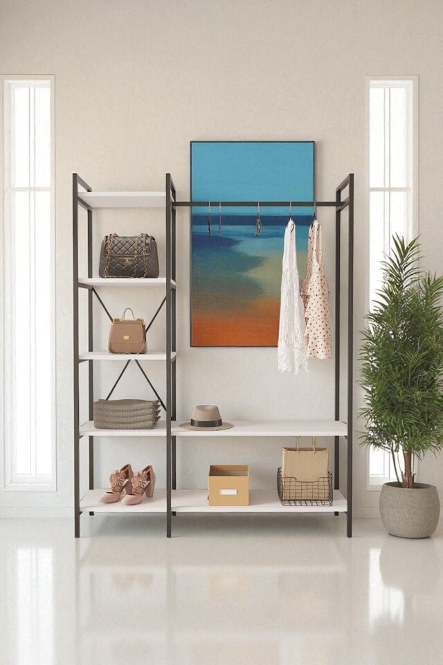 Nilamu  Elbise Dolabı | Metal Gövdeli Açık Askılık & Organizer Dolap 130×170×34 Cm Beyaz