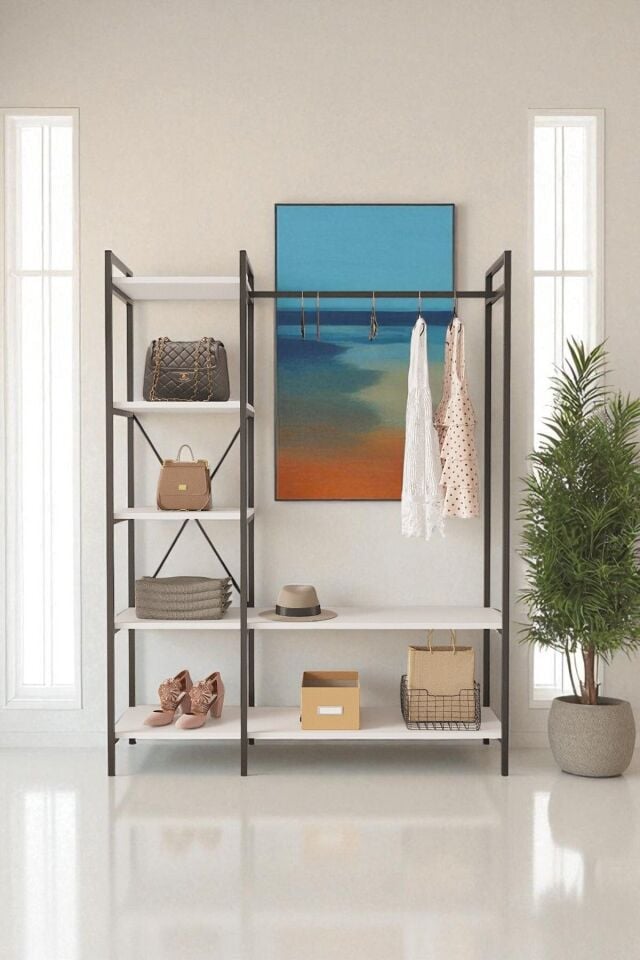 Nilamu  Elbise Dolabı | Metal Gövdeli Açık Askılık & Organizer Dolap 130×170×34 Cm Beyaz