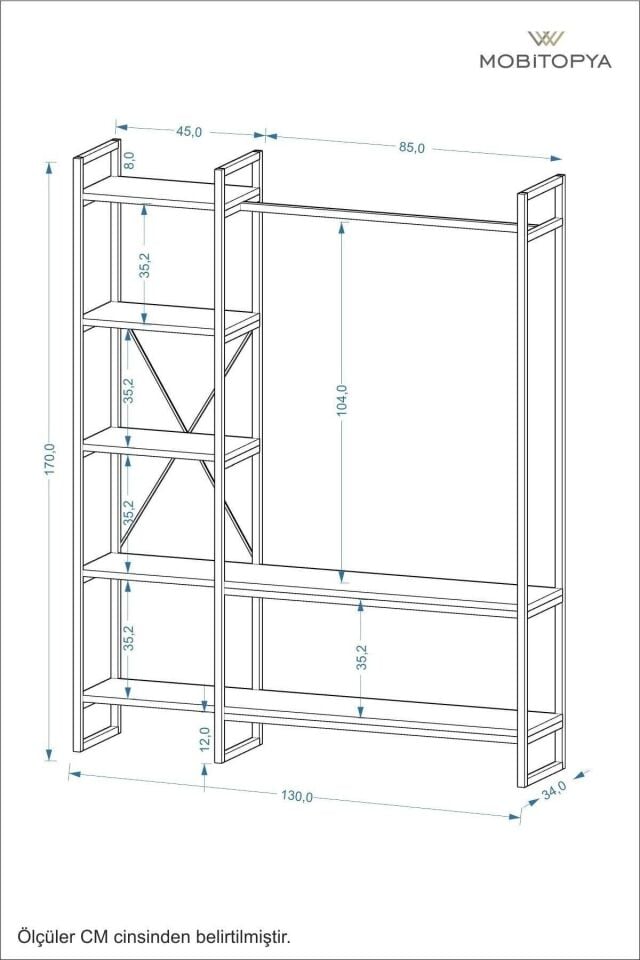 Nilamu  Elbise Dolabı | Metal Gövdeli Açık Askılık & Organizer Dolap 130×170×34 Cm Beyaz
