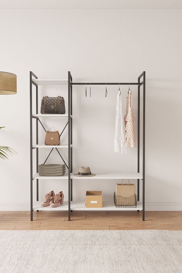 Mobitopya Nilamu Elbise Dolabı | Metal Gövdeli Açık Askılık & Organizer Dolap 130×170×34 Cm Beyaz - Siyah Demir