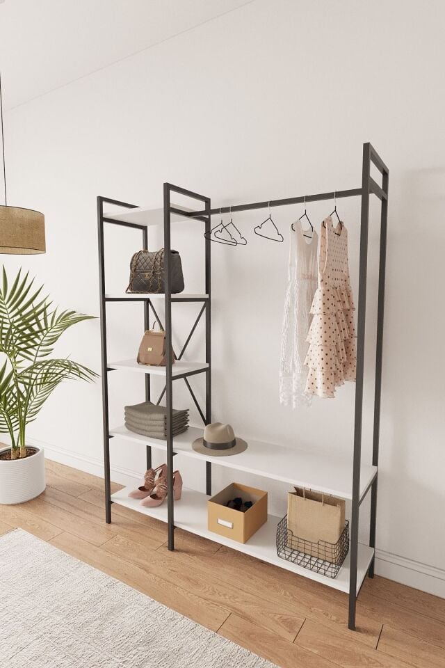 Mobitopya Nilamu Elbise Dolabı | Metal Gövdeli Açık Askılık & Organizer Dolap 130×170×34 Cm Beyaz - Siyah Demir