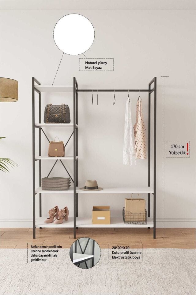 Mobitopya Nilamu Elbise Dolabı | Metal Gövdeli Açık Askılık & Organizer Dolap 130×170×34 Cm Beyaz - Siyah Demir