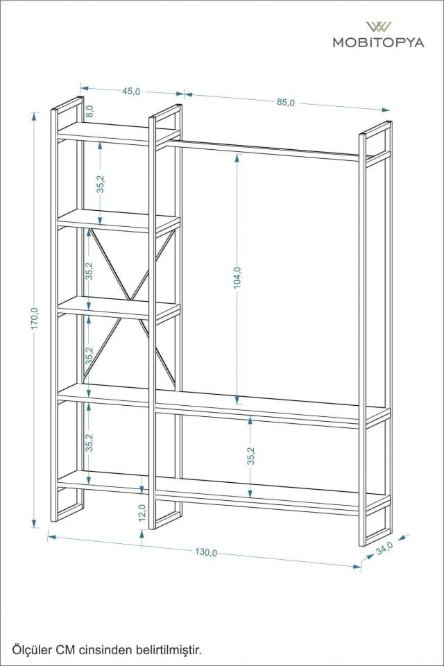 Mobitopya Nilamu Elbise Dolabı | Metal Gövdeli Açık Askılık & Organizer Dolap 130×170×34 Cm Beyaz - Siyah Demir