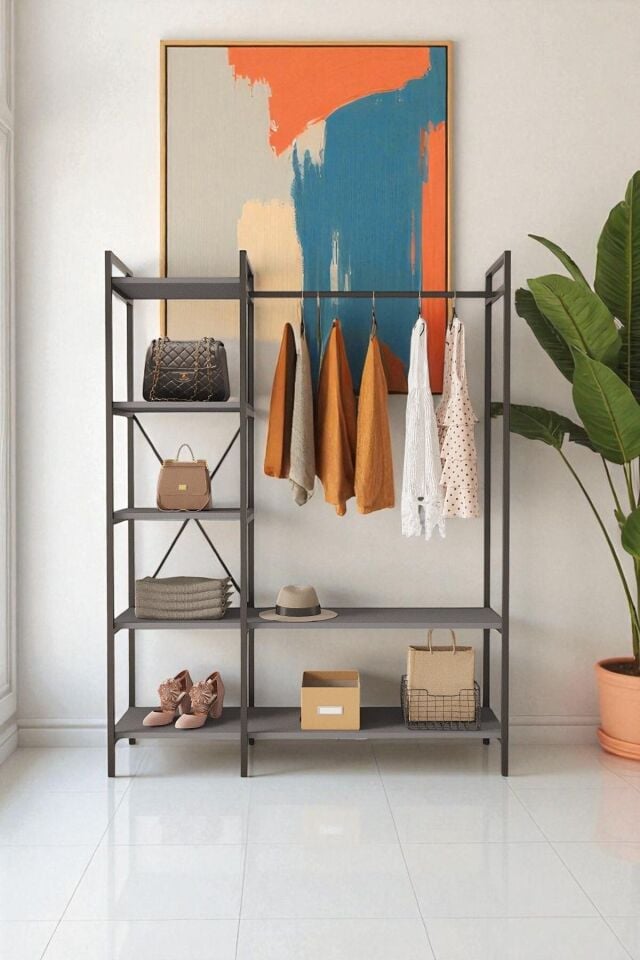 Nilamu  Elbise Dolabı | Metal Gövdeli Açık Askılık & Organizer Dolap 130×170×34 Cm Antrasit