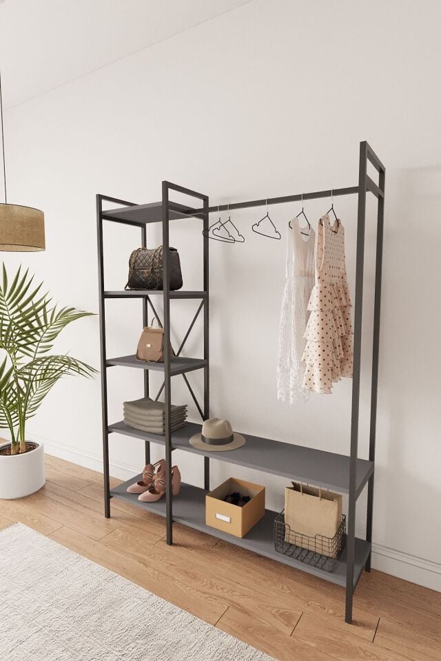Nilamu  Elbise Dolabı | Metal Gövdeli Açık Askılık & Organizer Dolap 130×170×34 Cm Antrasit