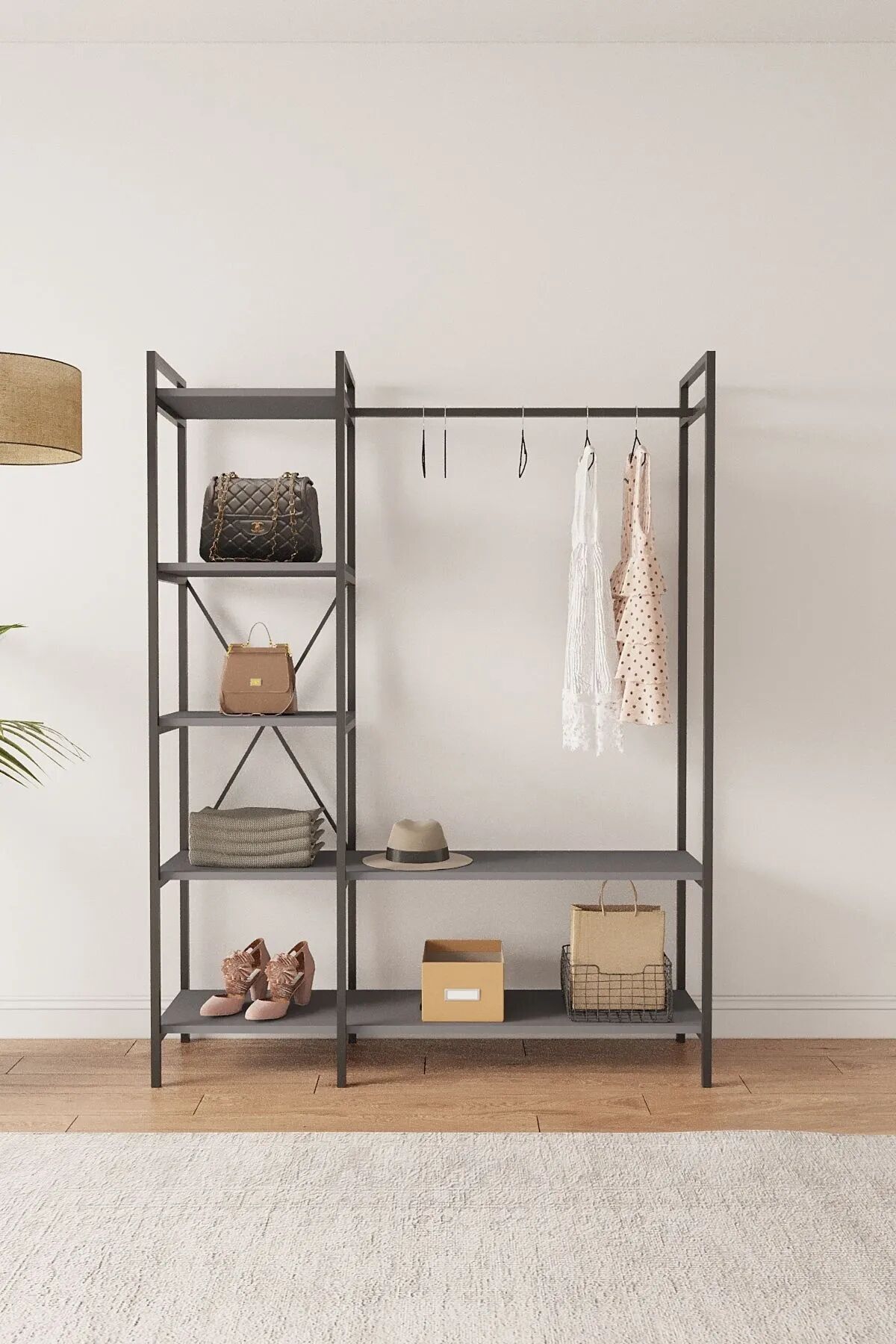 Mobitopya Nilamu  Elbise Dolabı | Metal Gövdeli Açık Askılık & Organizer Dolap 130×170×34 Cm Antrasit