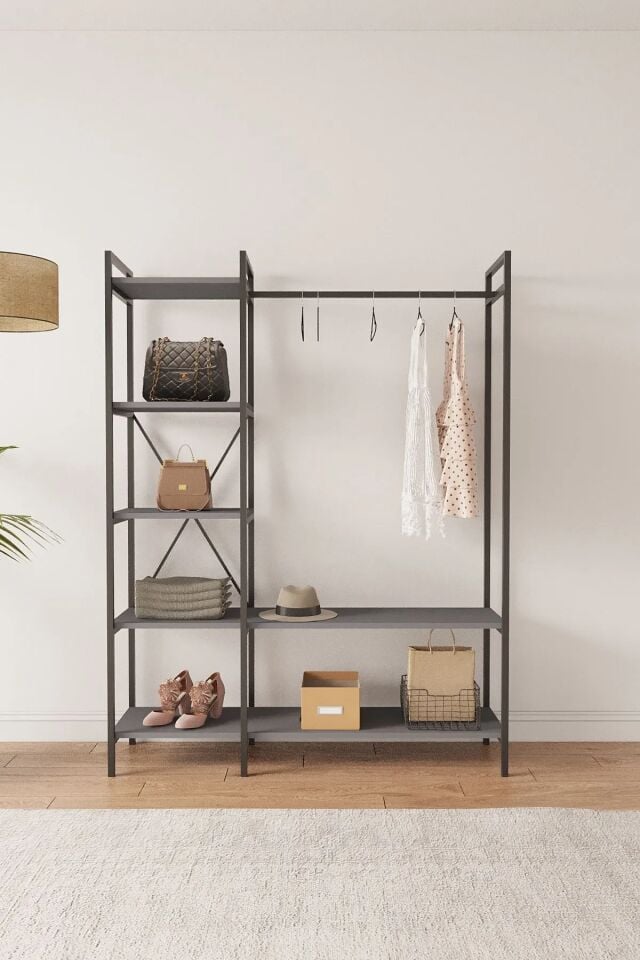 Mobitopya Nilamu  Elbise Dolabı | Metal Gövdeli Açık Askılık & Organizer Dolap 130×170×34 Cm Antrasit