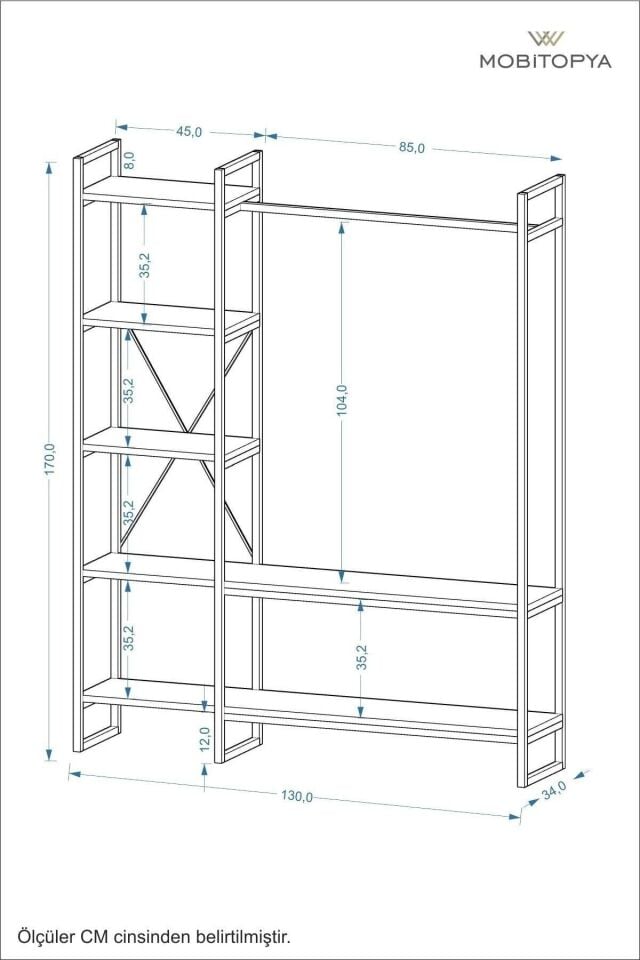 Mobitopya Nilamu  Elbise Dolabı | Metal Gövdeli Açık Askılık & Organizer Dolap 130×170×34 Cm Antrasit