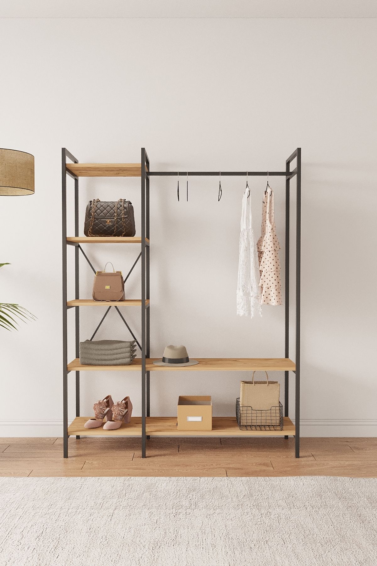 Mobitopya Nilamu  Elbise Dolabı | Metal Gövdeli Açık Askılık & Organizer Dolap 130×170×34 Cm Atlantik Çam - Siyah Demir