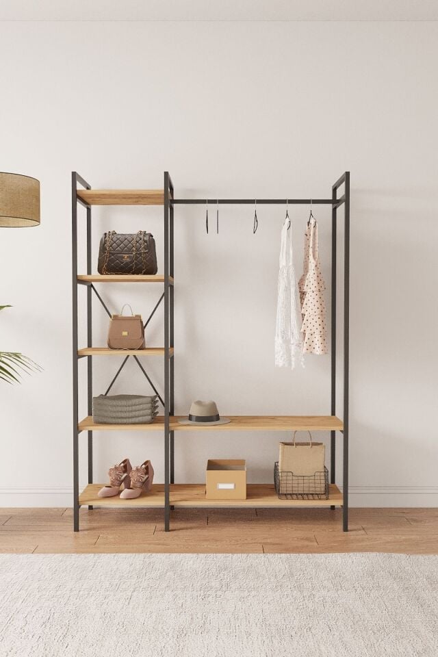 Mobitopya Nilamu  Elbise Dolabı | Metal Gövdeli Açık Askılık & Organizer Dolap 130×170×34 Cm Atlantik Çam - Siyah Demir