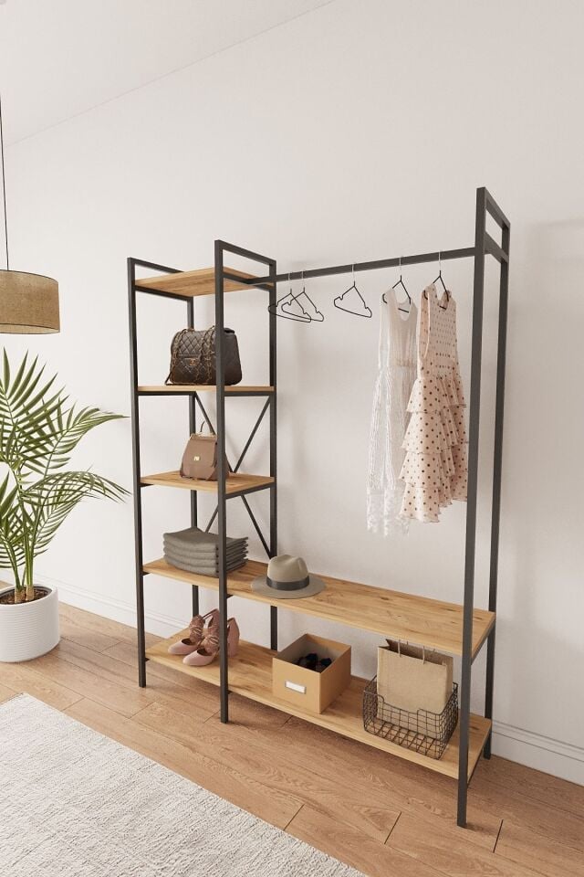 Mobitopya Nilamu  Elbise Dolabı | Metal Gövdeli Açık Askılık & Organizer Dolap 130×170×34 Cm Atlantik Çam - Siyah Demir