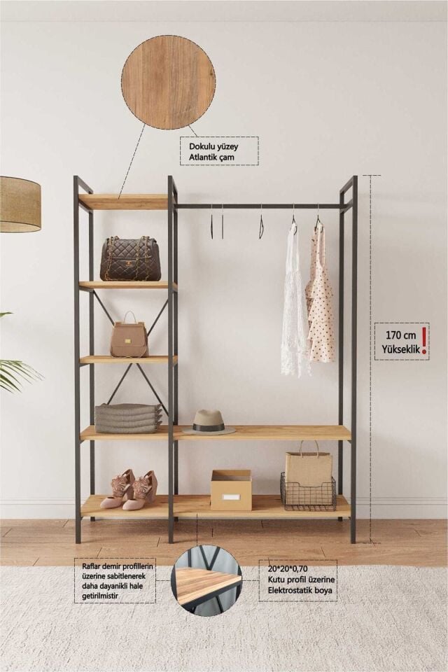 Mobitopya Nilamu  Elbise Dolabı | Metal Gövdeli Açık Askılık & Organizer Dolap 130×170×34 Cm Atlantik Çam - Siyah Demir