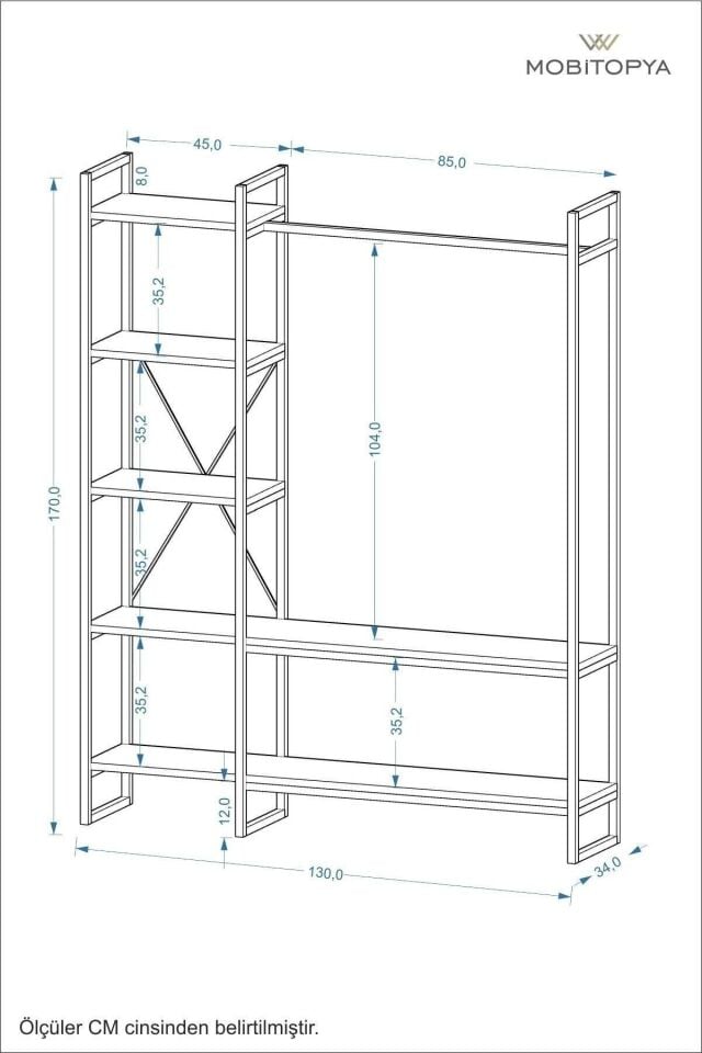 Mobitopya Nilamu  Elbise Dolabı | Metal Gövdeli Açık Askılık & Organizer Dolap 130×170×34 Cm Atlantik Çam - Siyah Demir
