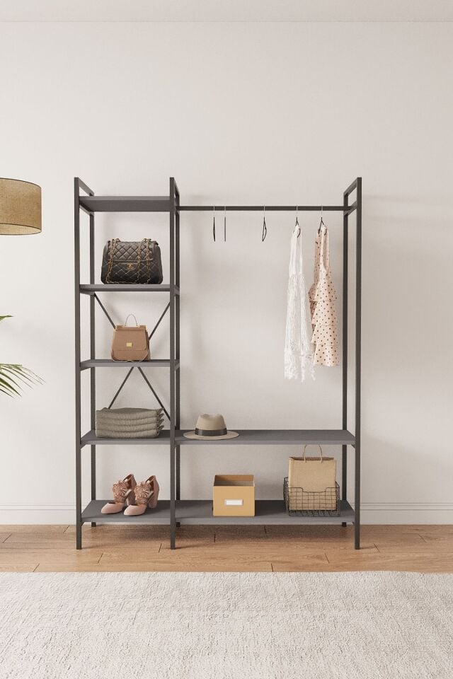 Mobitopya Nilamu Elbise Dolabı | Metal Gövdeli Açık Askılık & Organizer Dolap 130×170×34 Cm Antrasit