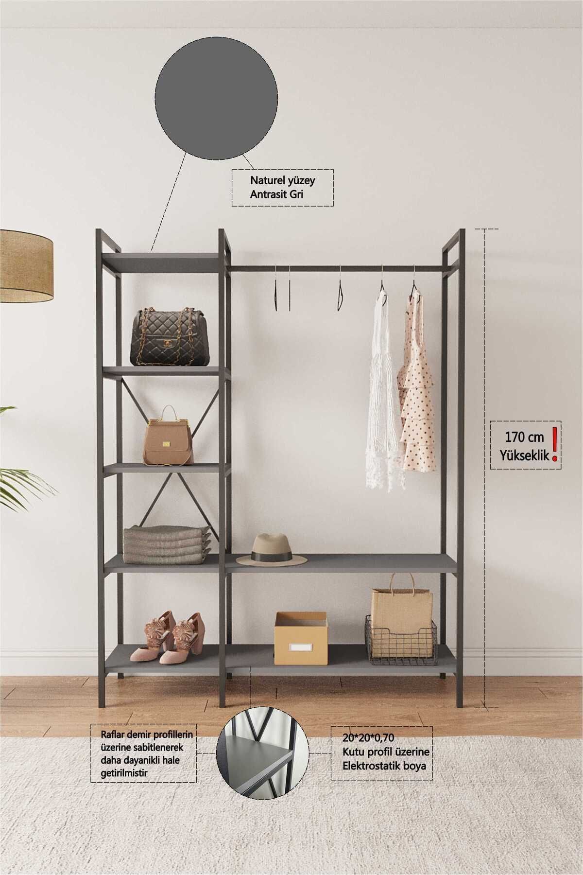 Mobitopya Nilamu Elbise Dolabı | Metal Gövdeli Açık Askılık & Organizer Dolap 130×170×34 Cm Antrasit
