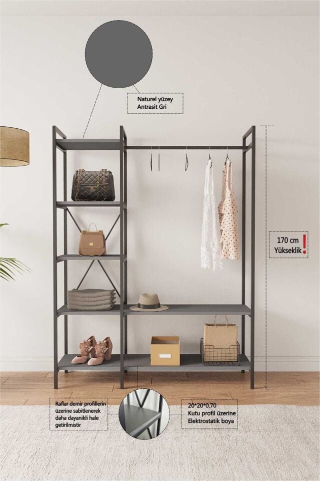 Mobitopya Nilamu Elbise Dolabı | Metal Gövdeli Açık Askılık & Organizer Dolap 130×170×34 Cm Antrasit