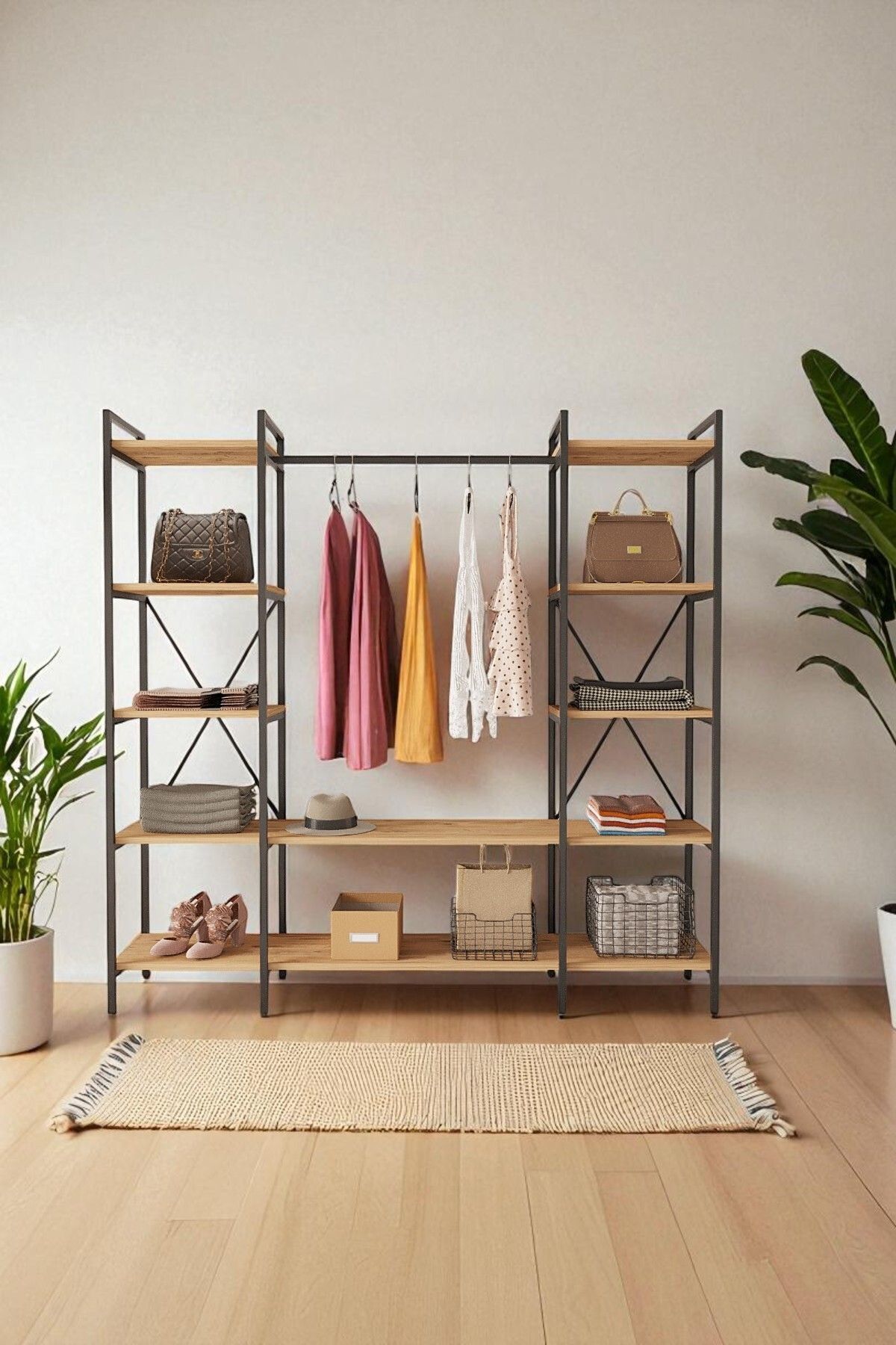 Mobitopya Nilamu Elbise Dolabı | Metal Gövdeli Açık Askılık & Organizer Dolap 175x170x34 Cm Atlantik Çam - Siyah Demir