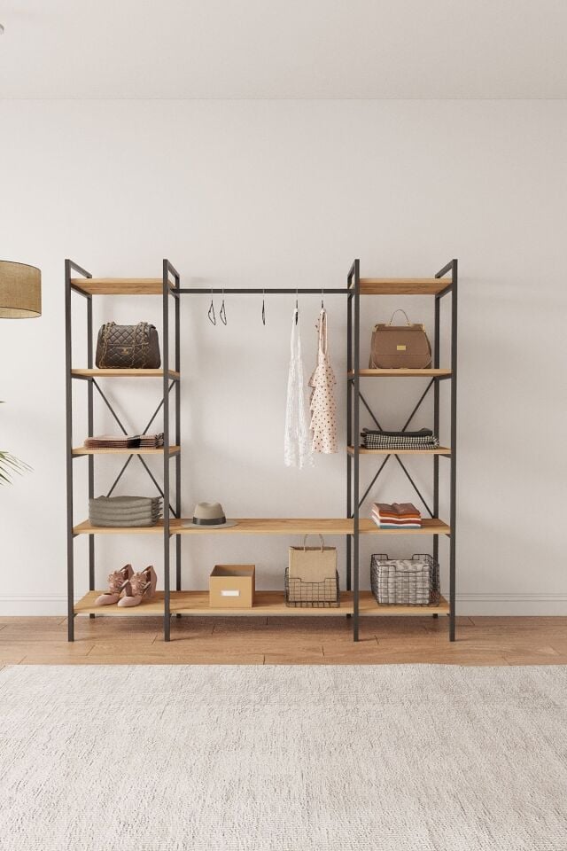 Mobitopya Nilamu Elbise Dolabı | Metal Gövdeli Açık Askılık & Organizer Dolap 175x170x34 Cm Atlantik Çam - Siyah Demir