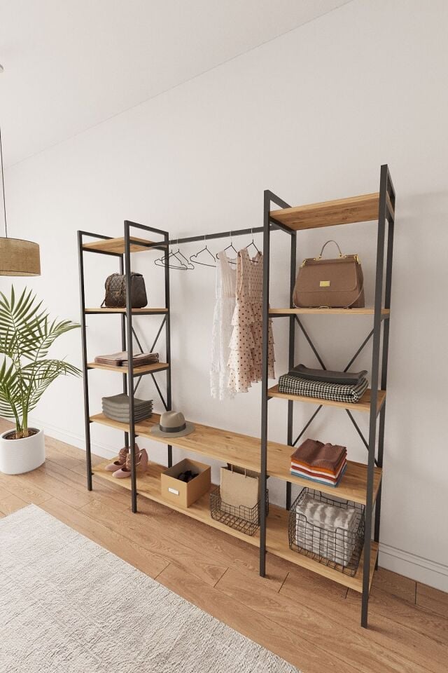 Mobitopya Nilamu Elbise Dolabı | Metal Gövdeli Açık Askılık & Organizer Dolap 175x170x34 Cm Atlantik Çam - Siyah Demir
