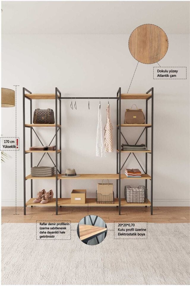 Mobitopya Nilamu Elbise Dolabı | Metal Gövdeli Açık Askılık & Organizer Dolap 175x170x34 Cm Atlantik Çam - Siyah Demir