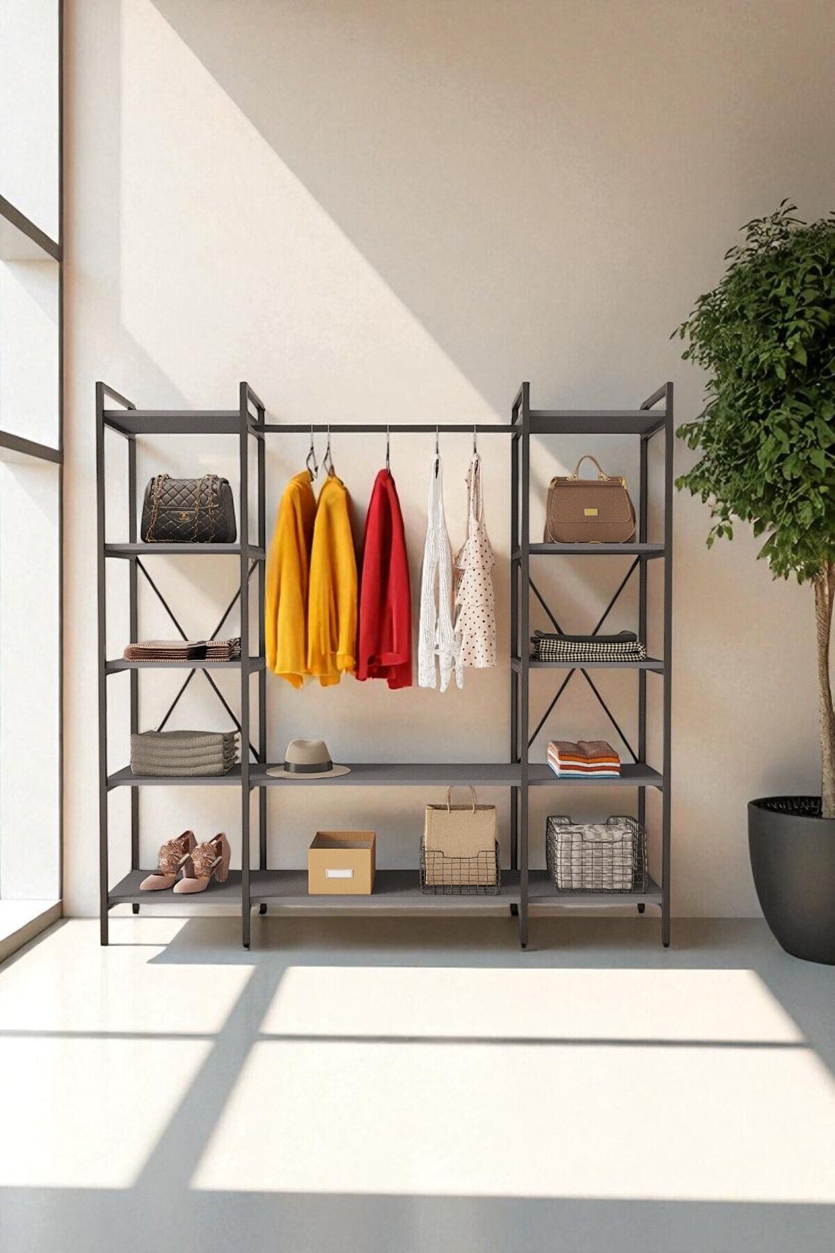 Mobitopya Nilamu Elbise Dolabı | Metal Gövdeli Açık Askılık & Organizer Dolap 175x170x34 Cm Antrasit