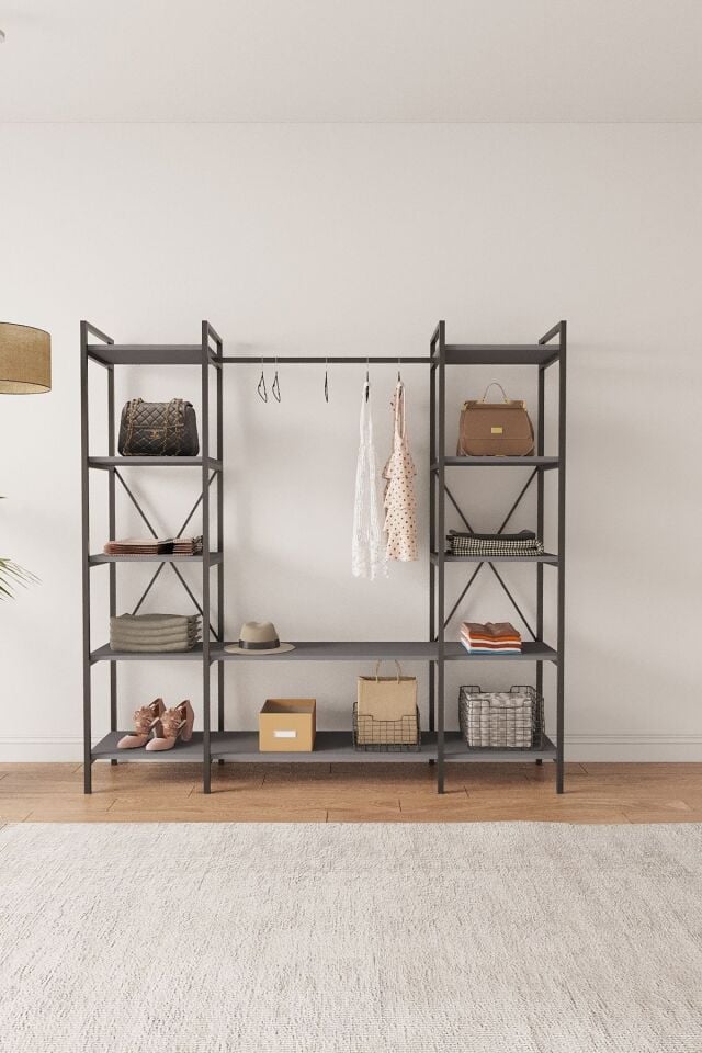Mobitopya Nilamu Elbise Dolabı | Metal Gövdeli Açık Askılık & Organizer Dolap 175x170x34 Cm Antrasit