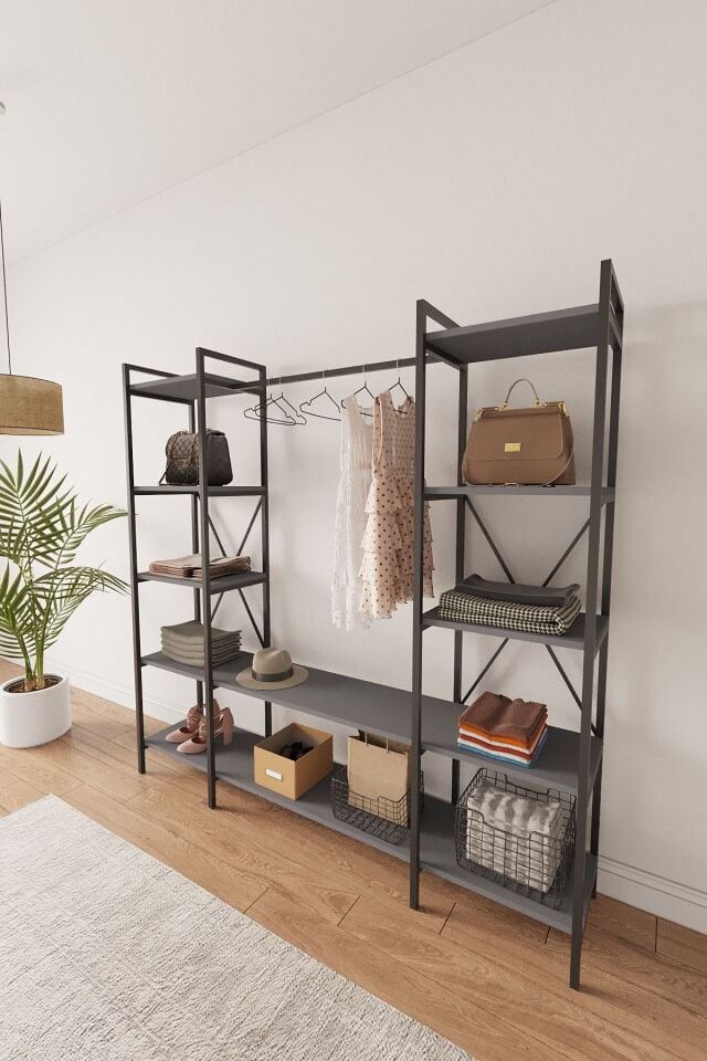Mobitopya Nilamu Elbise Dolabı | Metal Gövdeli Açık Askılık & Organizer Dolap 175x170x34 Cm Antrasit