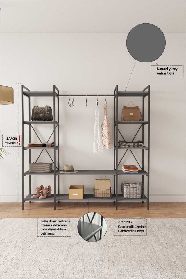 Mobitopya Nilamu Elbise Dolabı | Metal Gövdeli Açık Askılık & Organizer Dolap 175x170x34 Cm Antrasit