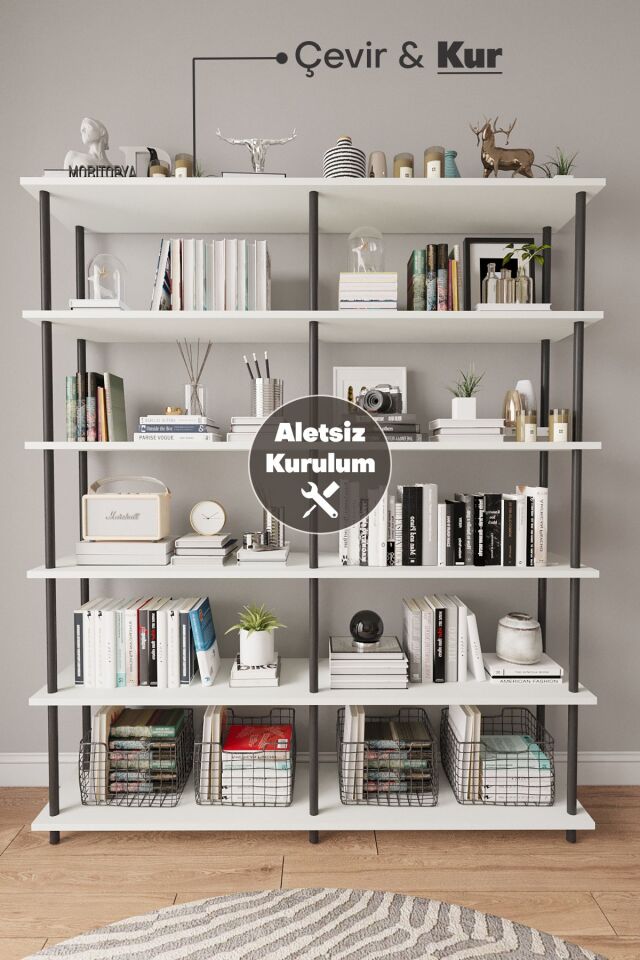 Mobitopya Çevir Kur 150 Cm Kitaplık | Organizer , Ofis , Ev , 5 Raflı Kitaplık 150x177x29 cm Beyaz