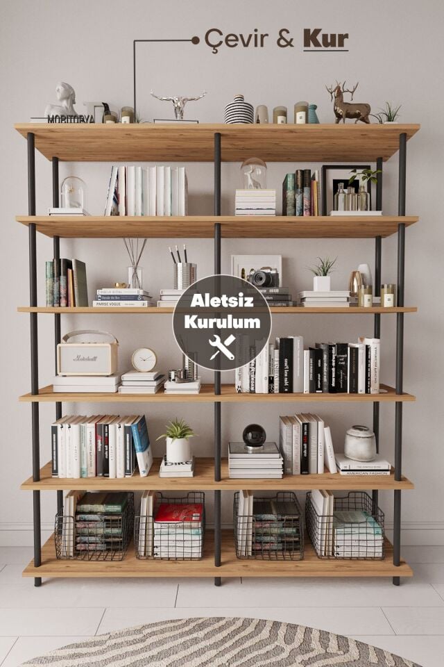 Mobitopya Çevir Kur 150 Cm Kitaplık | Organizer , Ofis , Ev , 5 Raflı Kitaplık 150x177x29 cm Atlantik Çam