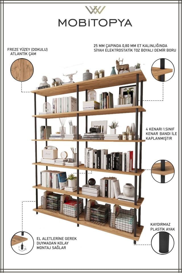 Mobitopya Çevir Kur 150 Cm Kitaplık | Organizer , Ofis , Ev , 5 Raflı Kitaplık 150x177x29 cm Atlantik Çam