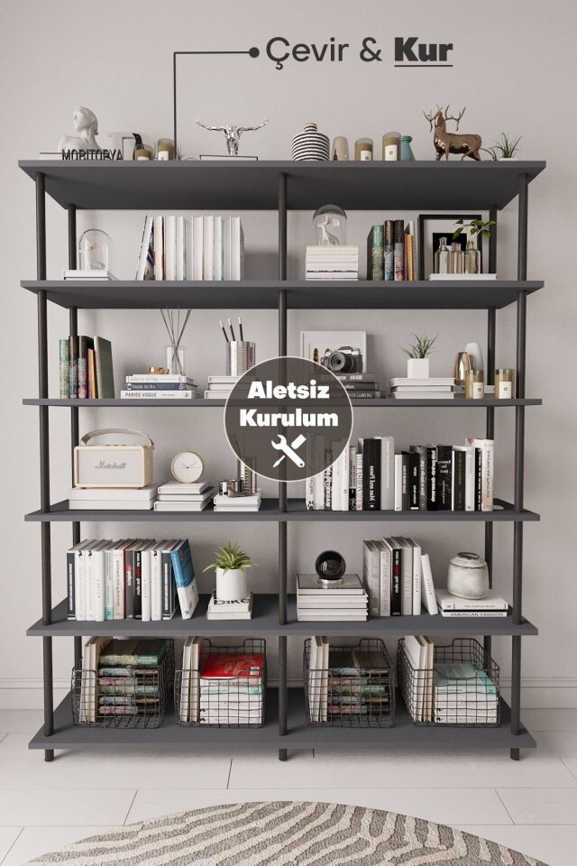 Nilamu 150 Cm Kitaplık | Organizer , Ofis , Ev , 5 Raflı Kitaplık 150x170x34 cm Antrasit