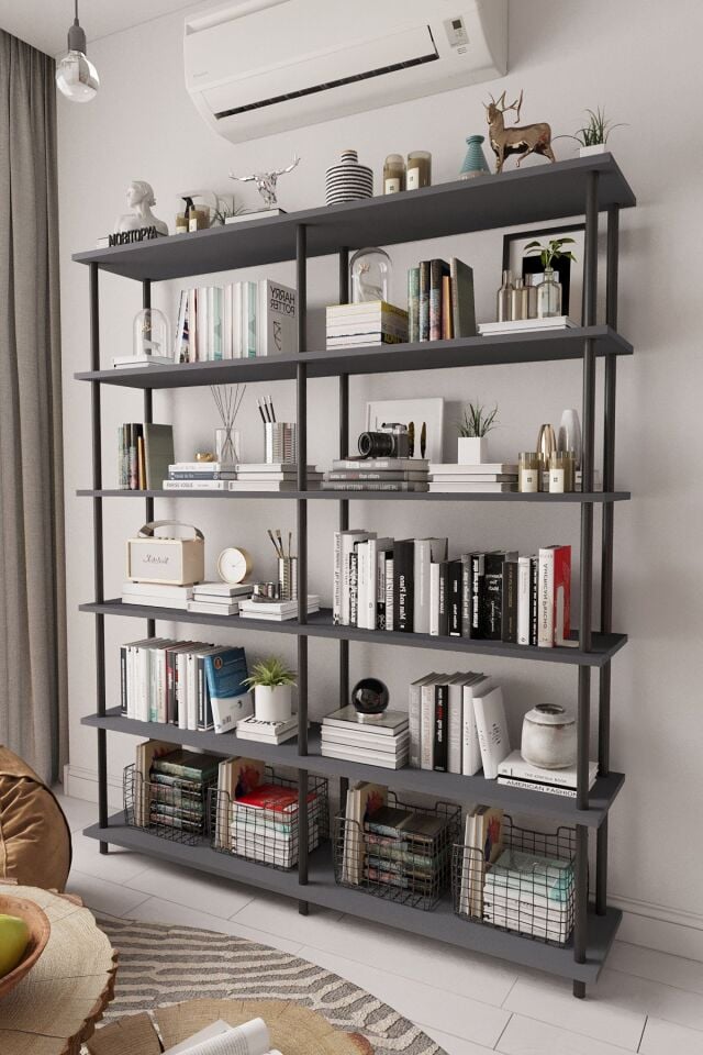 Mobitopya Çevir Kur 150 Cm Kitaplık | Organizer , Ofis , Ev , 5 Raflı Kitaplık 150x177x29 cm Antrasit