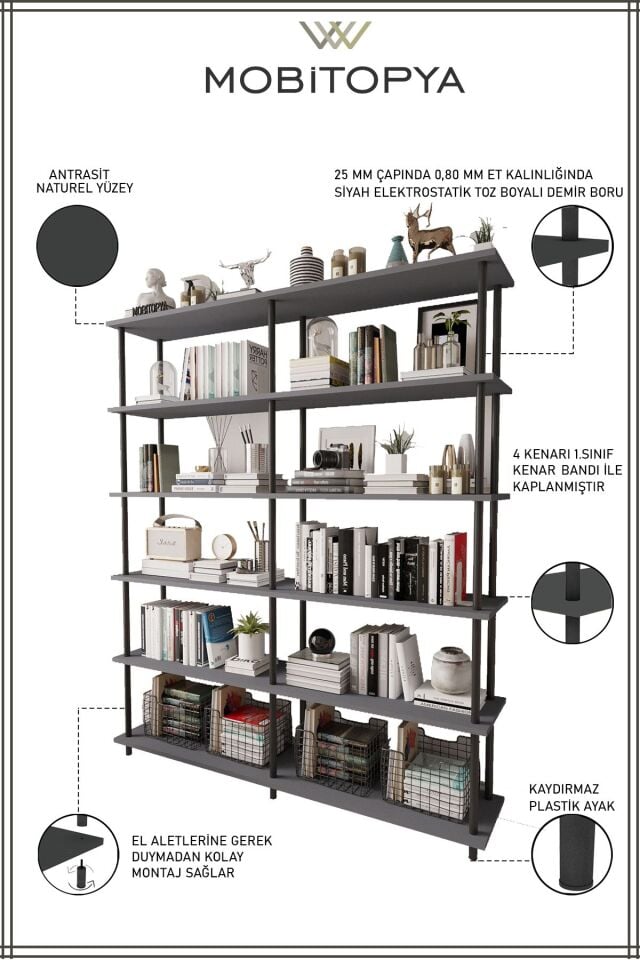 Mobitopya Çevir Kur 150 Cm Kitaplık | Organizer , Ofis , Ev , 5 Raflı Kitaplık 150x177x29 cm Antrasit