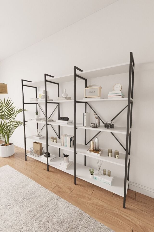 Mobitopya Nilamu 200 Cm Kitaplık | Metal Gövde. Açık Raflı Organizer Ve Düzenleyici Beyaz - Siyah Demir