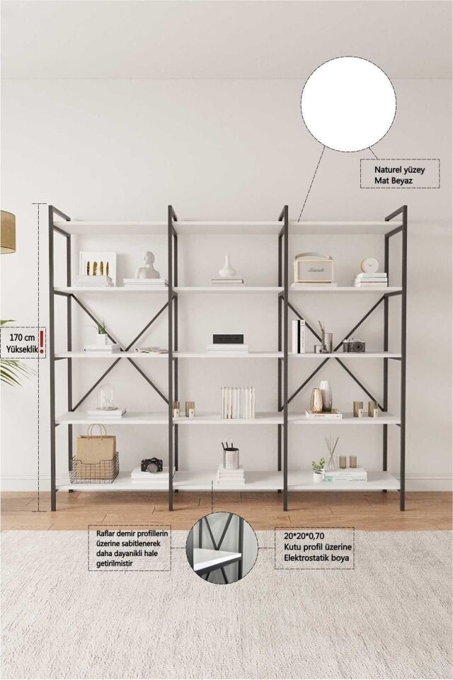 Mobitopya Nilamu 200 Cm Kitaplık | Metal Gövde. Açık Raflı Organizer Ve Düzenleyici Beyaz - Siyah Demir