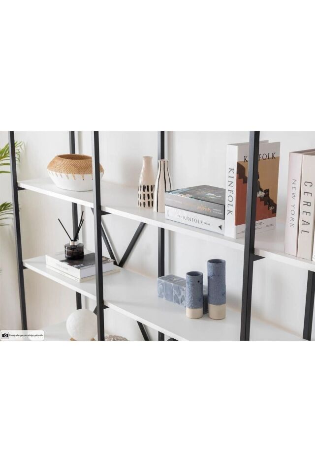 Mobitopya Nilamu 200 Cm Kitaplık | Metal Gövde. Açık Raflı Organizer Ve Düzenleyici Beyaz - Siyah Demir